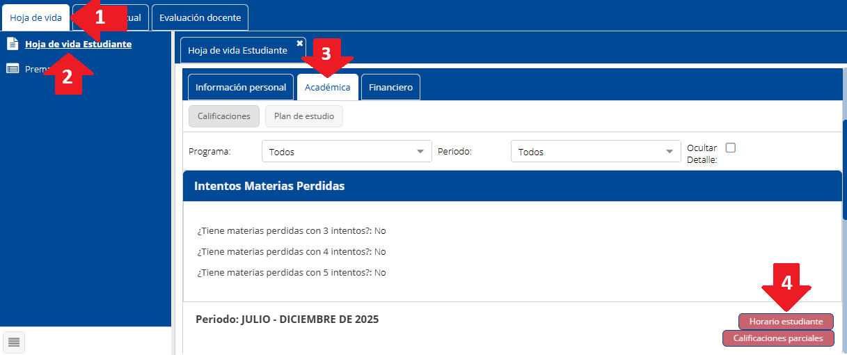 Vista del horario de estudiante en SIU