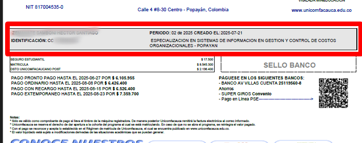 Cabecera del recibo