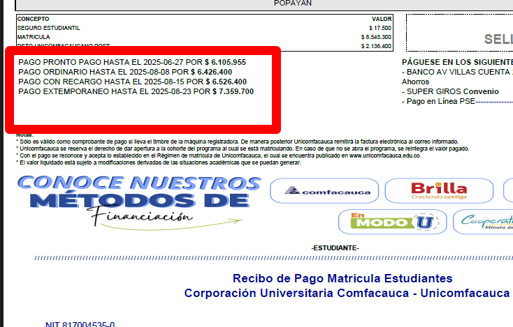 Cabecera del recibo